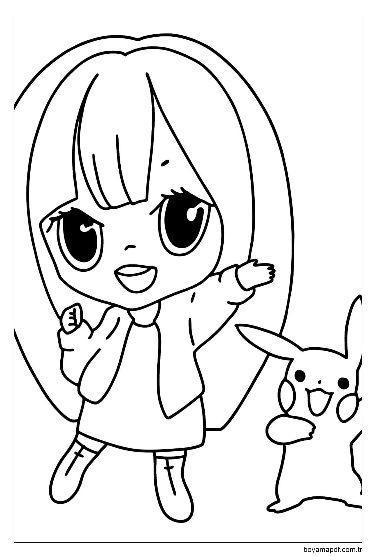 Anime Kız ve Pikachu Kawaii Boyama Sayfası