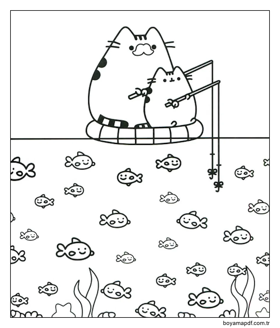 Baba ve Oğul Pusheen Kedi Kawaii Balık Tutmaya Gidiyor Boyama Sayfası