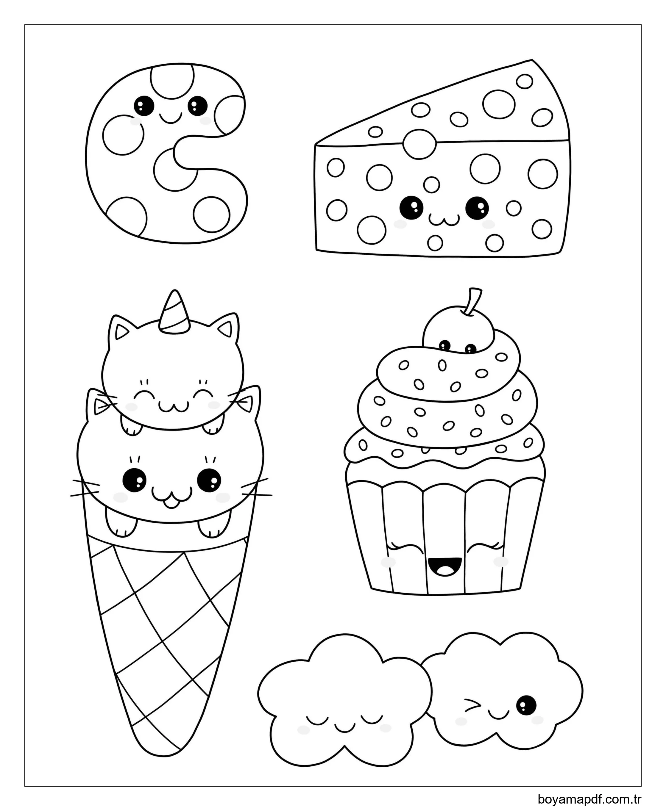 Beş Gıda Kawaii Boyama Sayfası