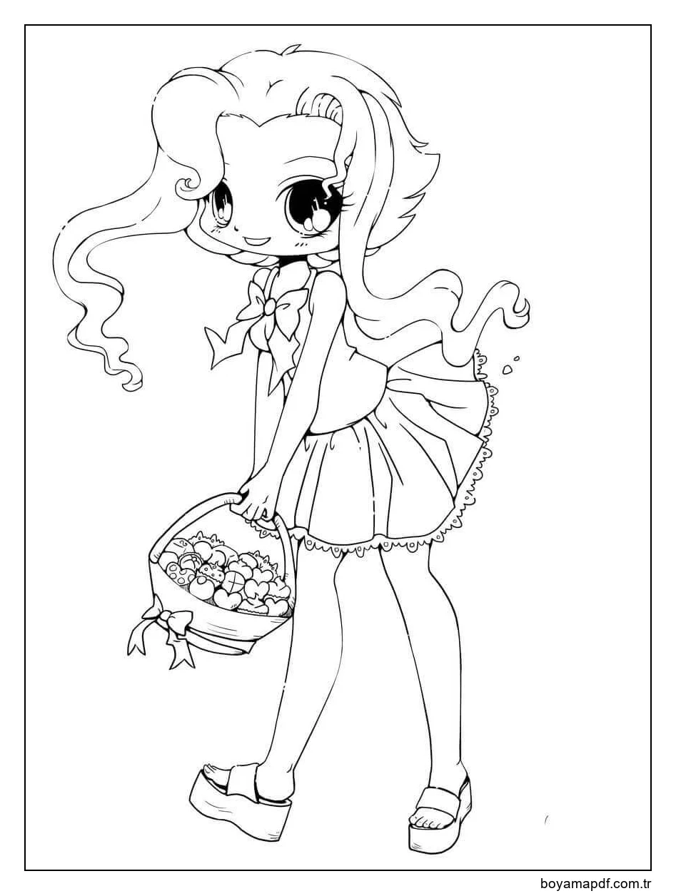 Bir Meyve Sepeti Tutan Kız Kawaii Boyama Sayfası