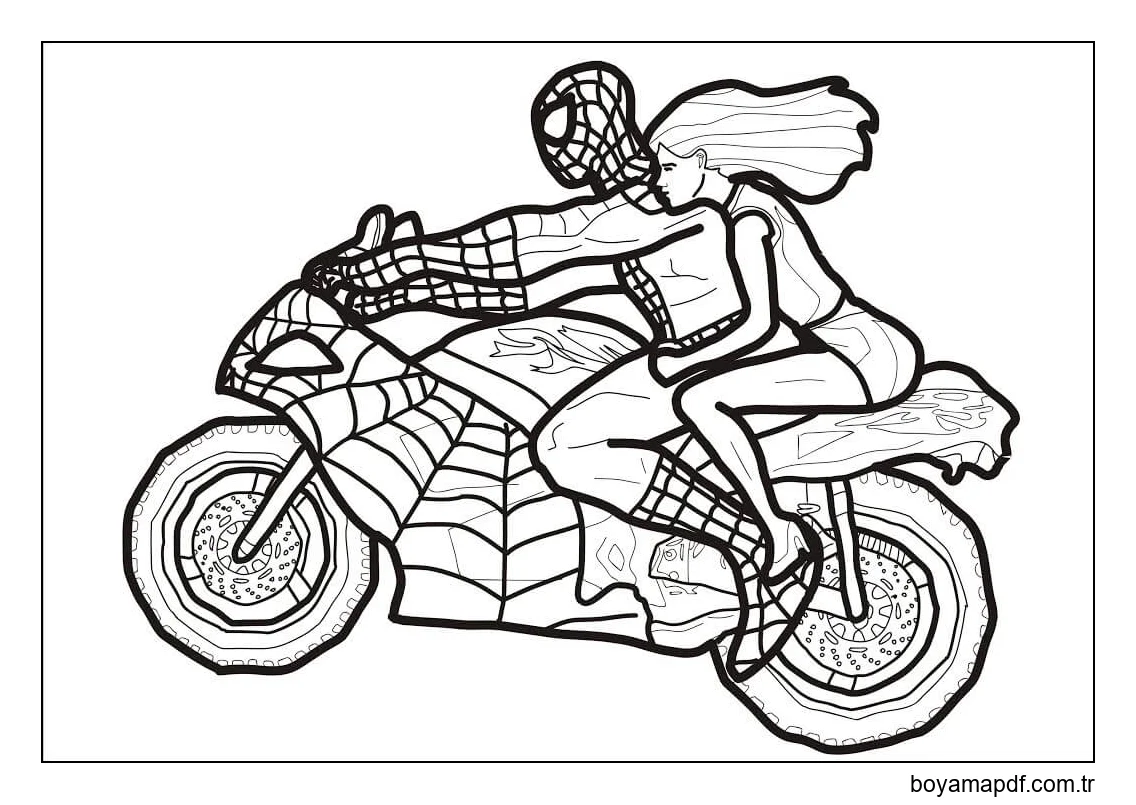 Bir Motosiklet Üzerinde Örümcek Adam Boyama Sayfası