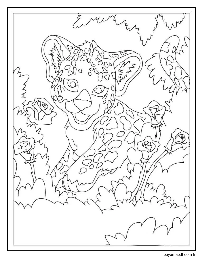 Çiçeklerle Eğlenceli Jaguar Boyama Sayfası