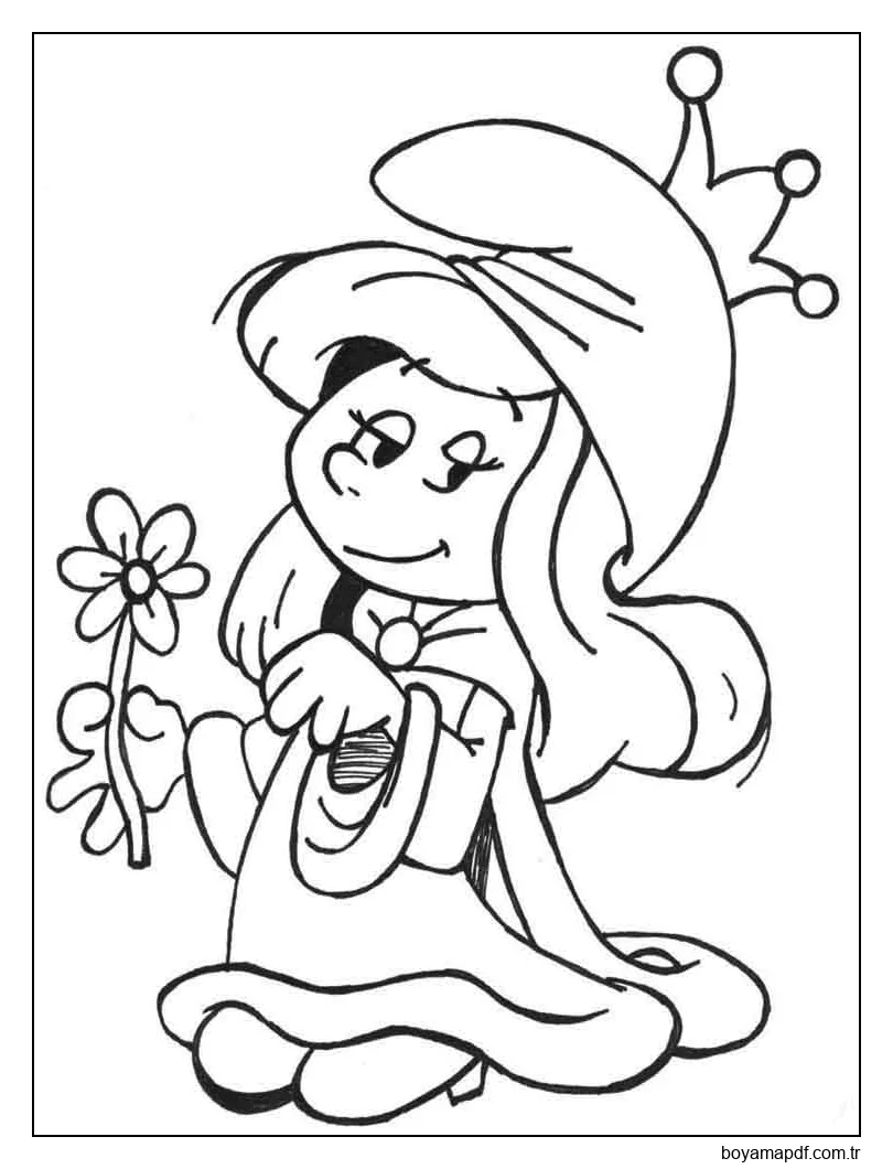 Çiçekli Şirin Boyama Sayfası