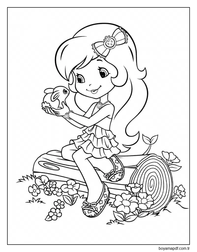 Çilek Kız Oturan Ve Tavşan Boyama Sayfası
