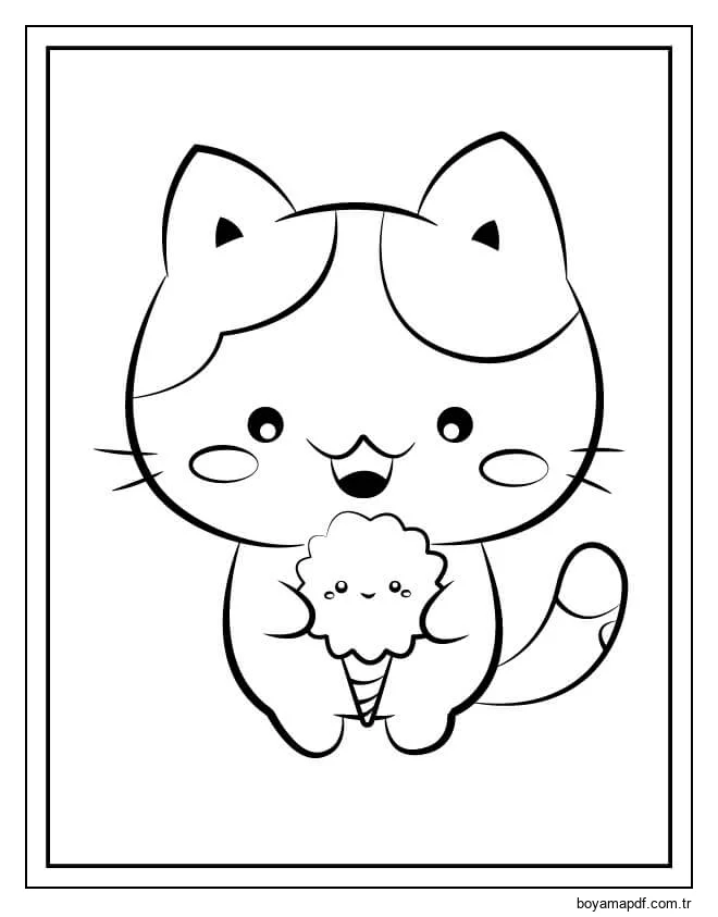 Dondurma Tutan Kawaii Yavru Kedi Boyama Sayfası