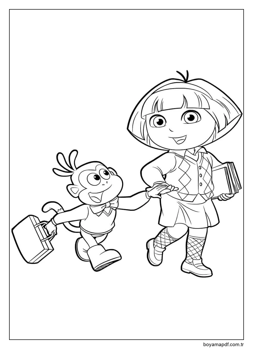 Dora Ve çizmeler Okula Gitmek Boyama Sayfası