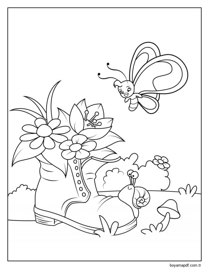 Eski Ayakkabı Çiçekler Boyama Sayfası