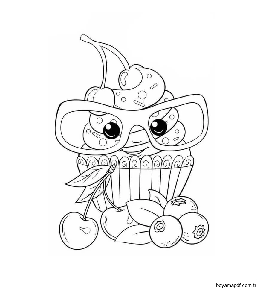 Gözlüklü Kawaii Pasta Boyama Sayfası