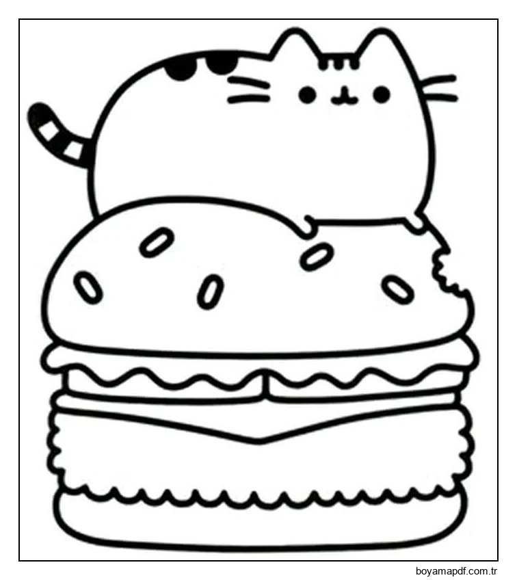 Hamburger Kawaii Pusheen Kedi Boyama Sayfası