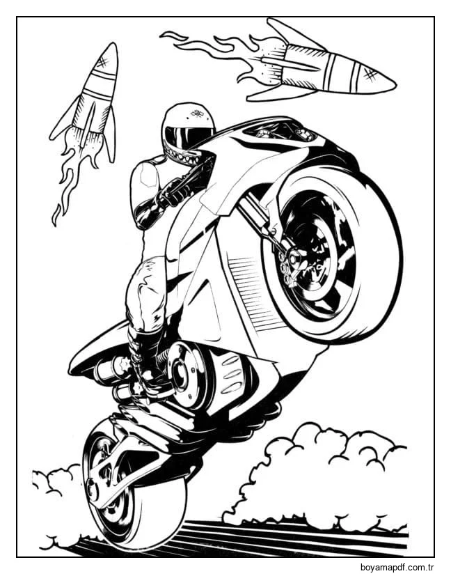 Harika Motosiklet ve Roketler Boyama Sayfası