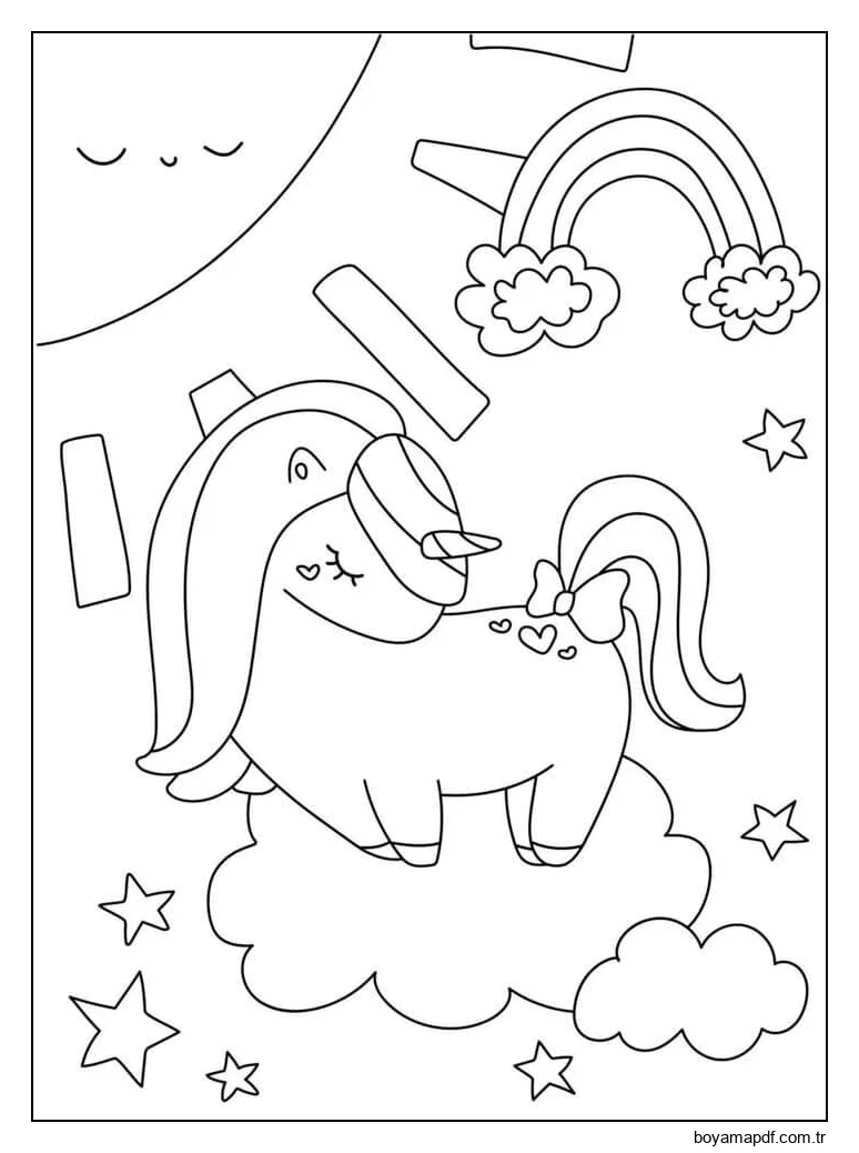Kawaii Tek Boynuzlu Yıldız Gökkuşağı Bulutlarda Güneş Boyama Sayfası