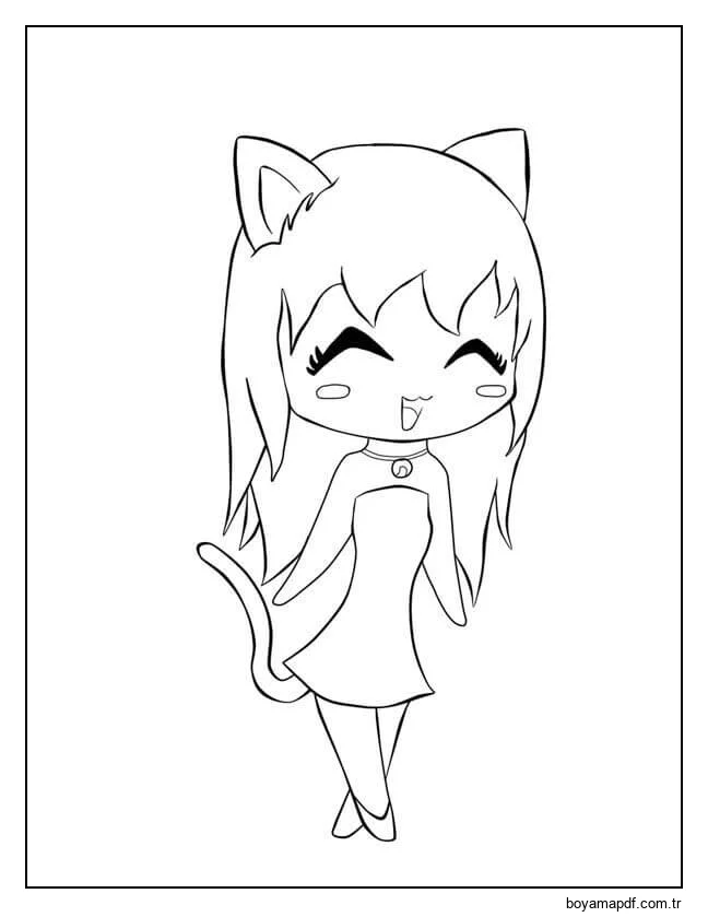 Kedi Kız Kawaii Boyama Sayfası