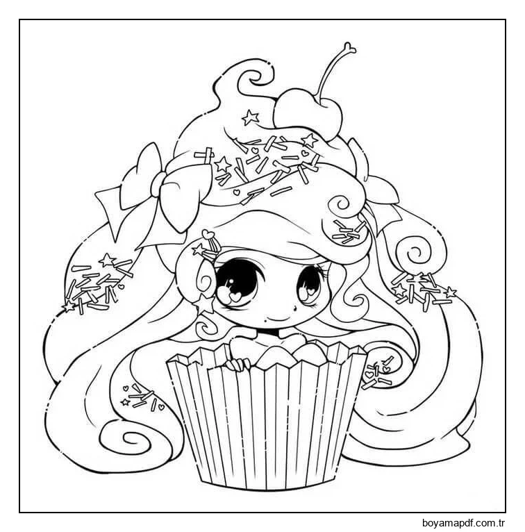 Kız Cupcake Kawaii Boyama Sayfası