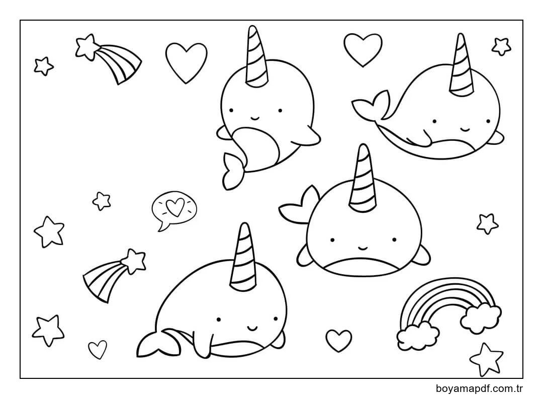Narwal Kawaii Boyama Sayfası