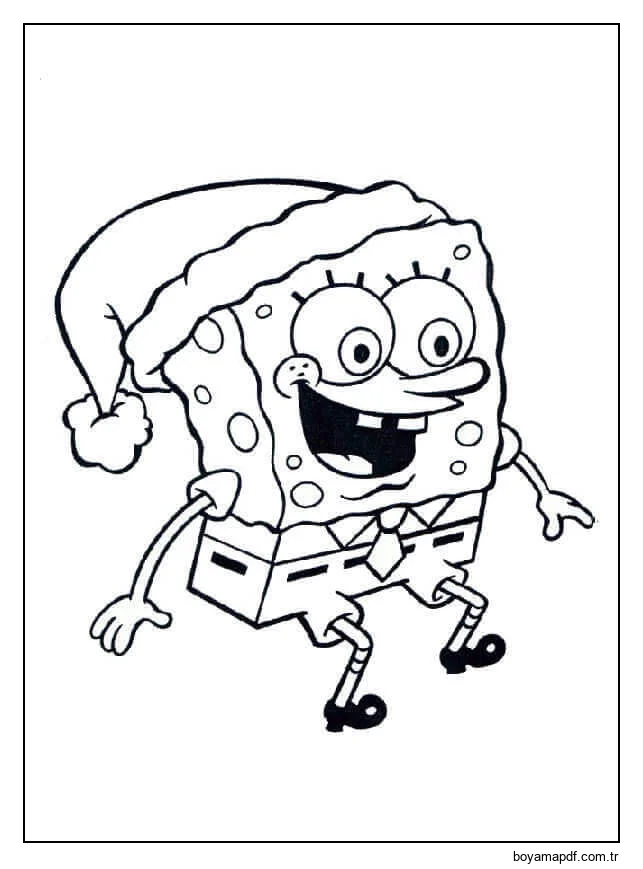 Noel Baba Şapkalı Sünger Bob Boyama Sayfası