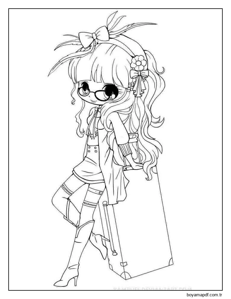 Oturan Kawaii Kız Boyama Sayfası
