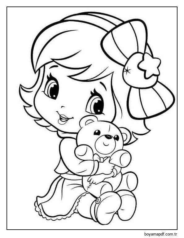 Oyuncak Ayı ile Bebek Çilek Kız Boyama Sayfası