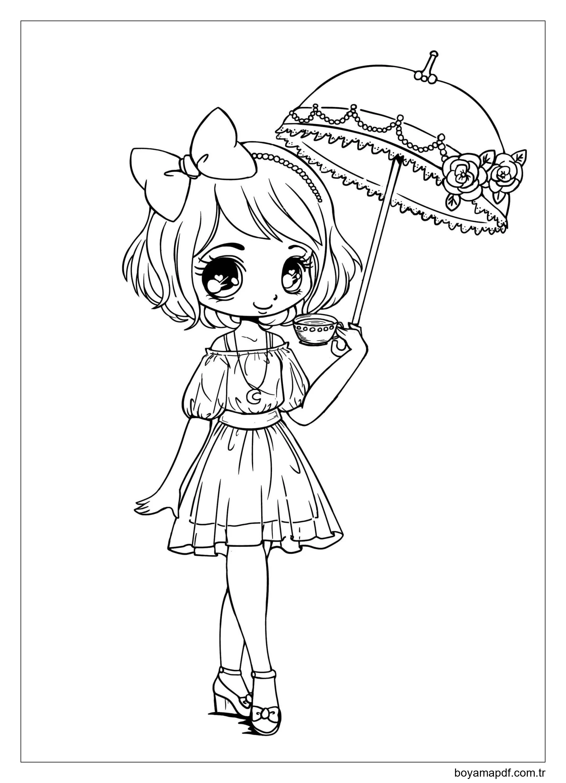 Şemsiye Tutan Kawaii Kız Boyama Sayfası