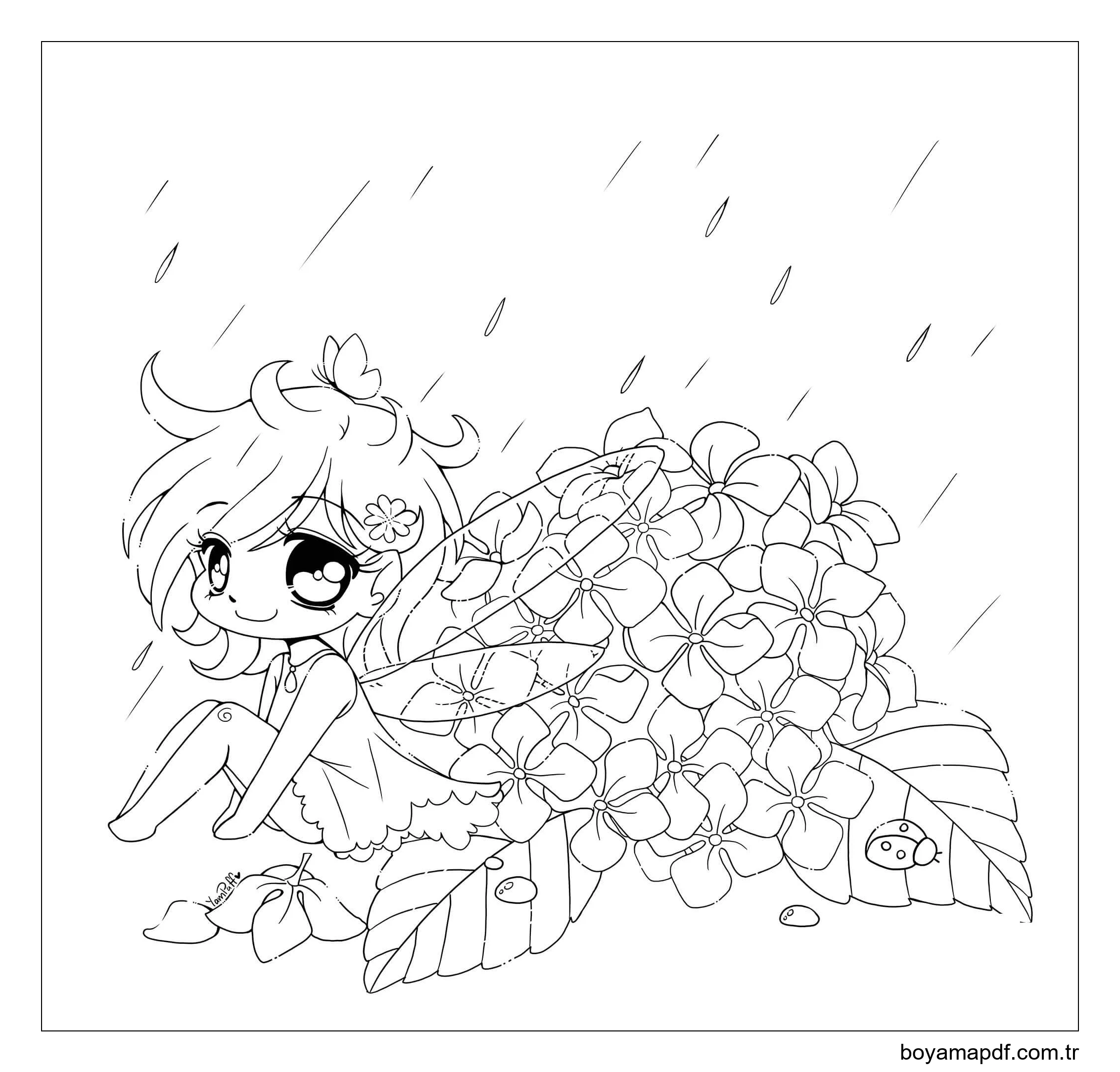 Yağmurda Kawaii Perisi Boyama Sayfası