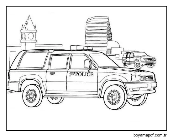 Arabalar şehirde devriye geziyor. Boyama Sayfası