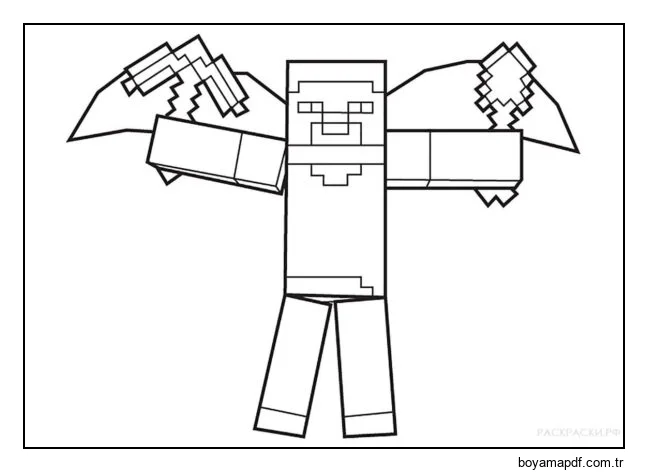 Bir kazma, meşale ve kanatlar, mutluluk için başka ne gerekir. Elmas kılıç dışında tabii ki. Boyama Sayfası