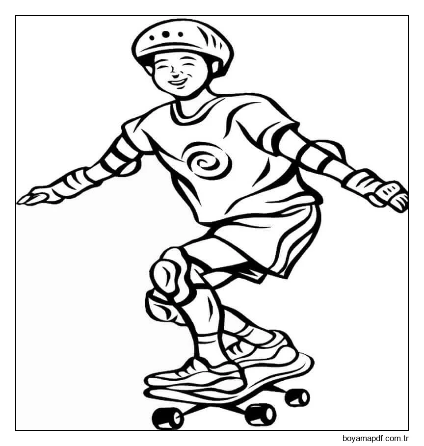 Kaykay üzerinde Mutlu çocuk Boyama Sayfası