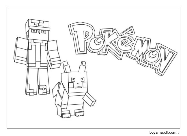 Minecraft tarzında çizilmiş Pikachu ve Ash Boyama Sayfası