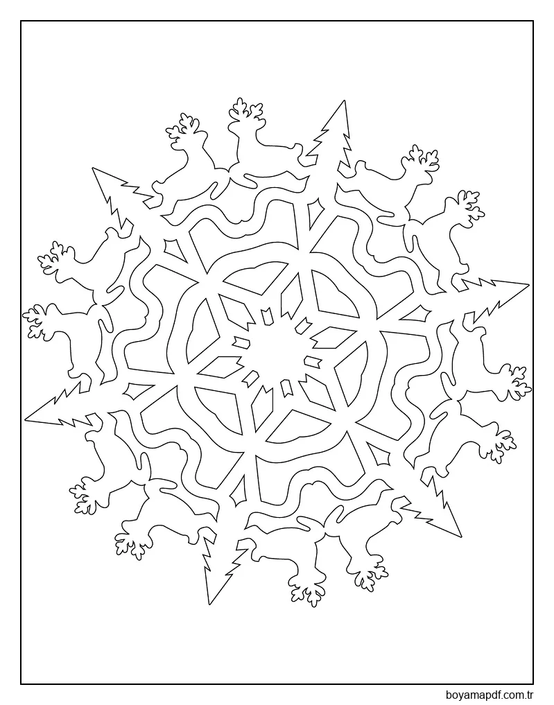 Noel Ren Geyikleri ile kar Tanesi Boyama Sayfası