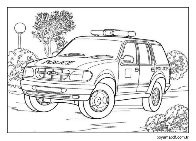 Polis arazi araçlarını zorlu bölgelerde kullanıyor. Boyama Sayfası