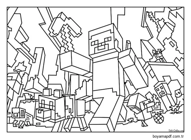 Tüm karakterleri, düşmanları ve hayvanlarıyla Minecraft dünyasından bir boyama sayfası Boyama Sayfası